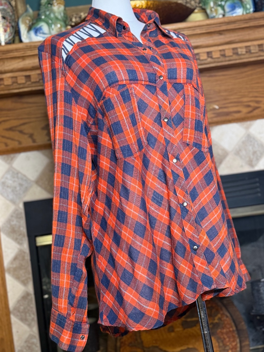 Free People Orange and Navy Plaid Button-Down Shirt Women’s Size Medium